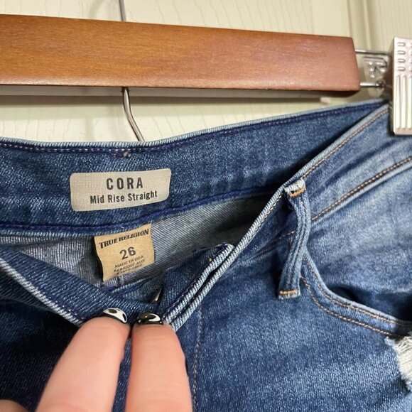 True Religion Womens Distressed Deconstructed Cora Mid Rise Straight Jeans Sz 26 - Picture 3 of 12